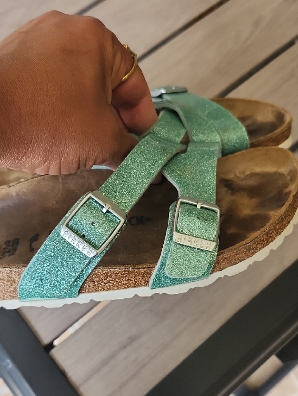 Birkenstock Green Glitter Double-Strap Sandals - Picture 4 of 6